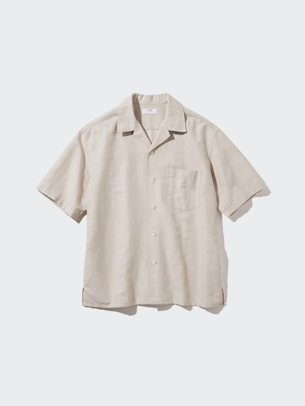 Cotton Linen Blend Shirt (Short Sleeve, Open Collar)