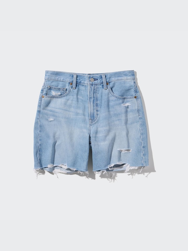High-Rise Baggy Denim Shorts (Distressed)