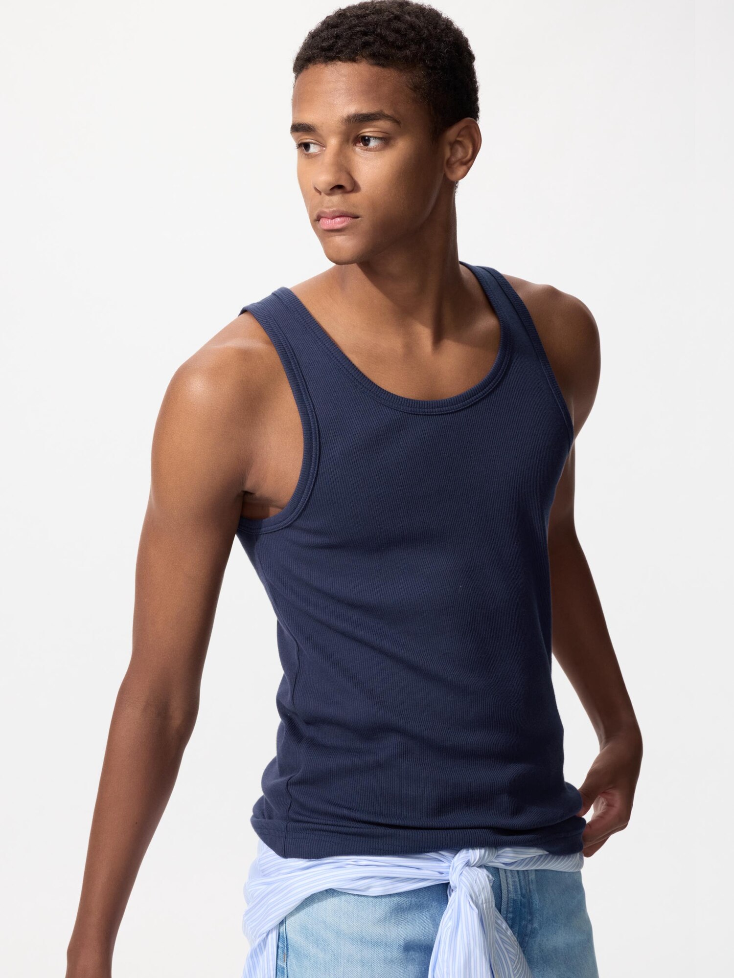 UNIQLO Men's DRY Color Ribbed Tank Top with Quick-Drying, Navy