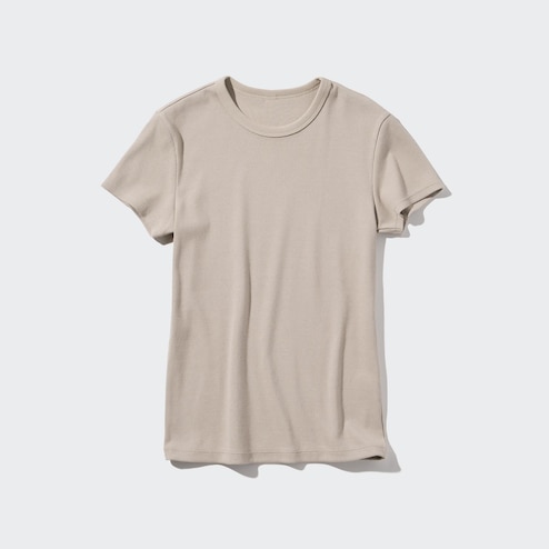 Ecru Ribbed Short Sleeve Printed T-Shirt