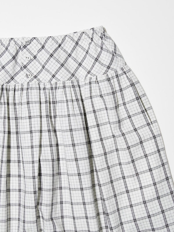 Linen Cotton Gather Checked Skirt