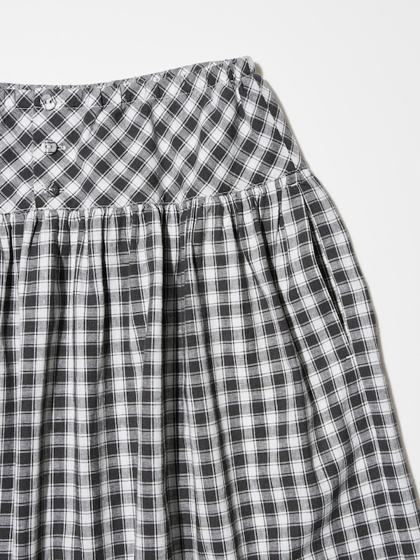 Linen Cotton Gather Checked Skirt