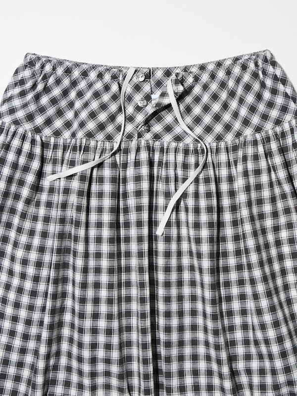Linen Cotton Gather Checked Skirt