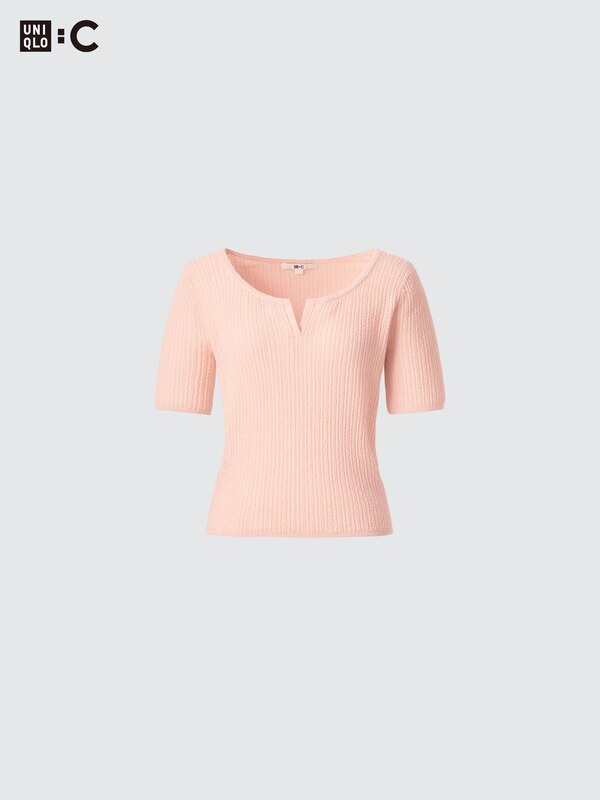 Lace Key Neck Half-Sleeve Short Sweater
