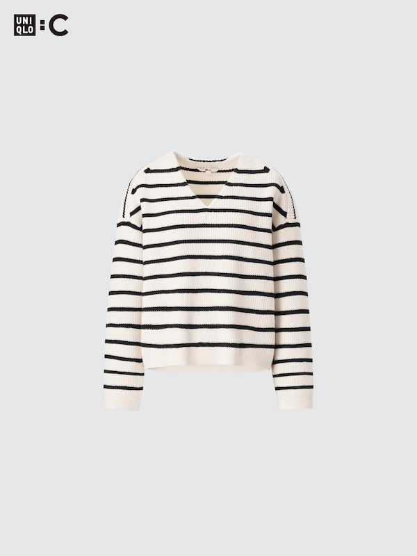STRIPED V NECK LONG SLEEVE SHORT SWEATER