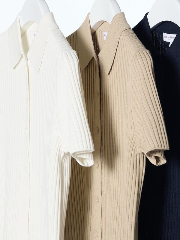 Ribbed Short-Sleeve Polo Cardigan