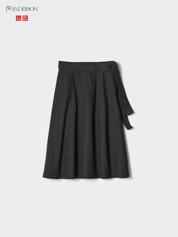 Linen Blend Belted Flared Skirt