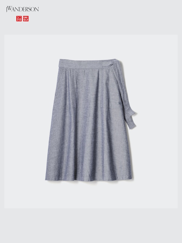 Linen Blend Belted Flared Skirt