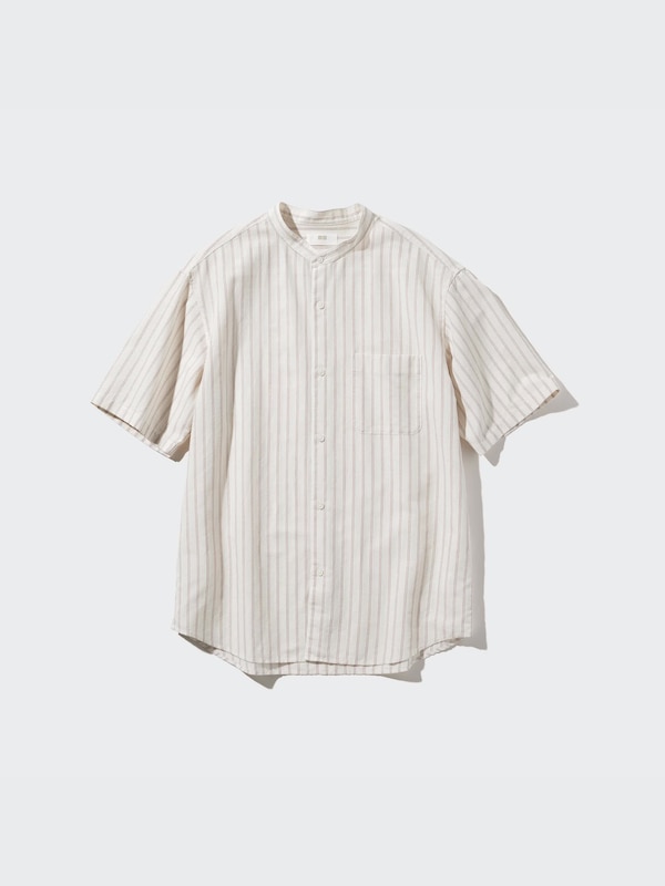 Cotton Linen Stand Collar Striped Short-Sleeve Shirt
