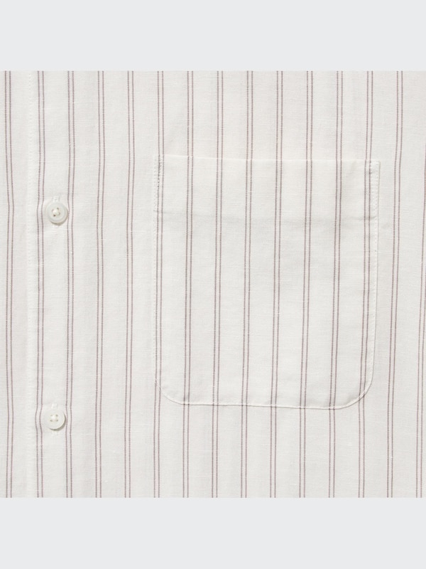 Cotton Linen Stand Collar Striped Short-Sleeve Shirt