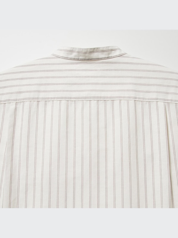 Cotton Linen Stand Collar Striped Short-Sleeve Shirt