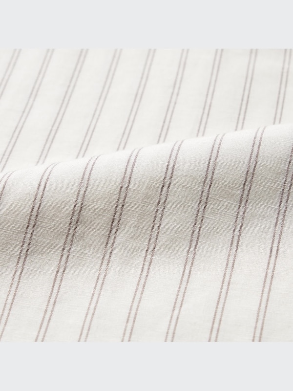 Cotton Linen Stand Collar Striped Short-Sleeve Shirt