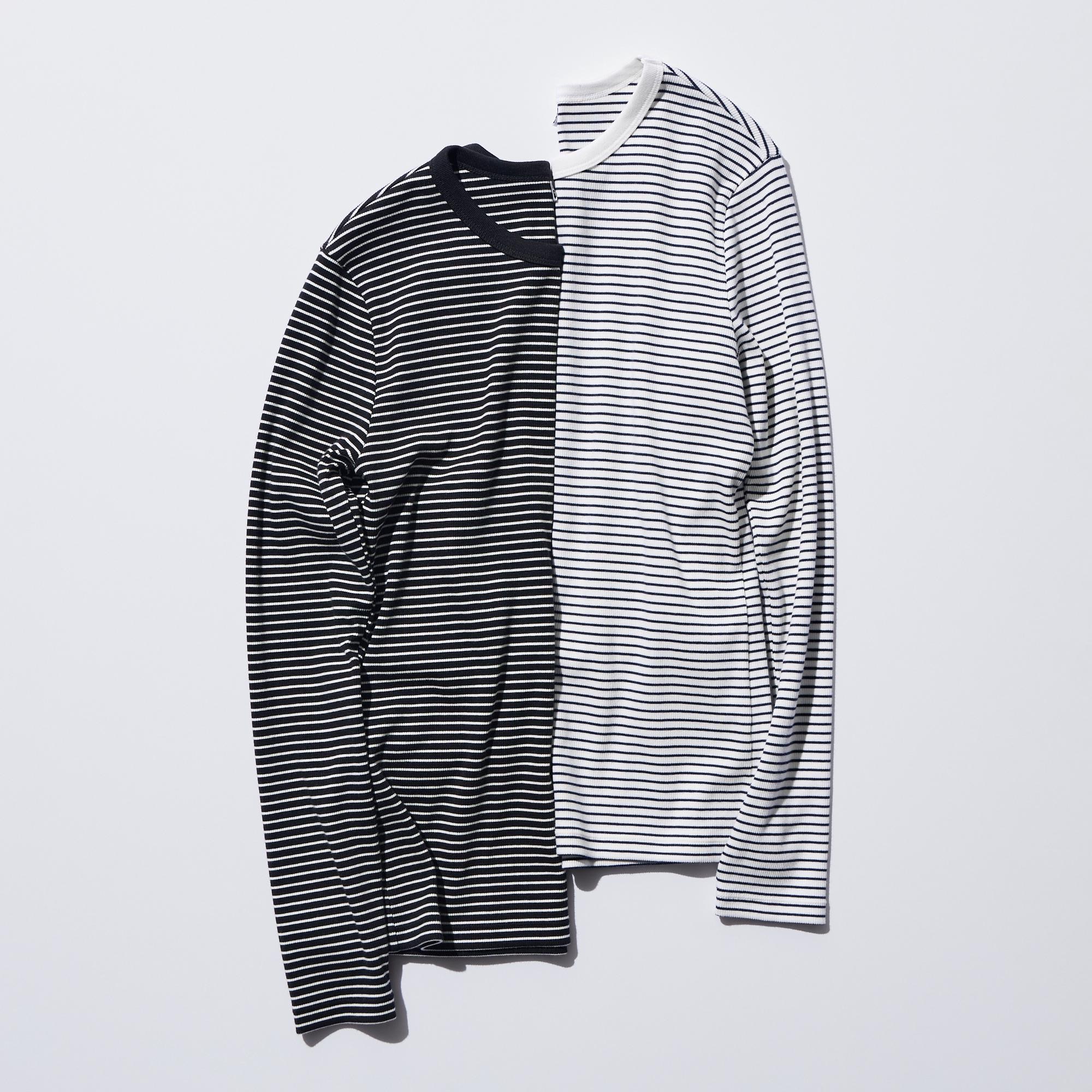 SOFT RIBBED STRIPED CREW NECK LONG SLEEVE T-SHIRT