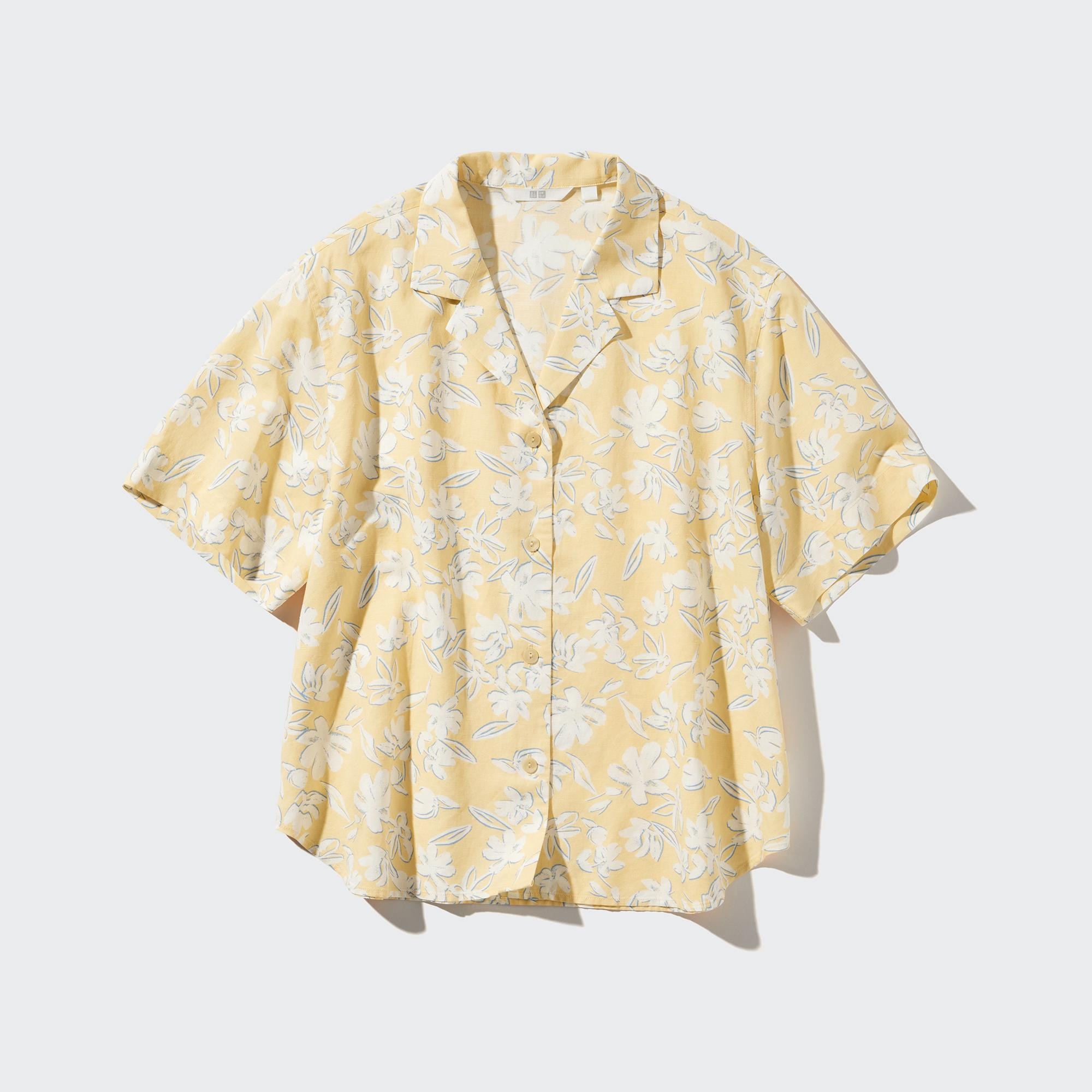 Linen Blend Printed Open Collar Short-Sleeve Shirt