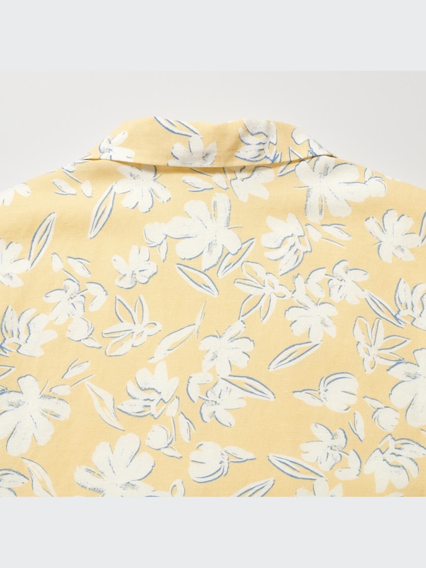 Linen Blend Printed Open Collar Short-Sleeve Shirt