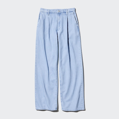 Light blue windowpane cotton-linen high waisted pleated lightweight Women  Dress Pants