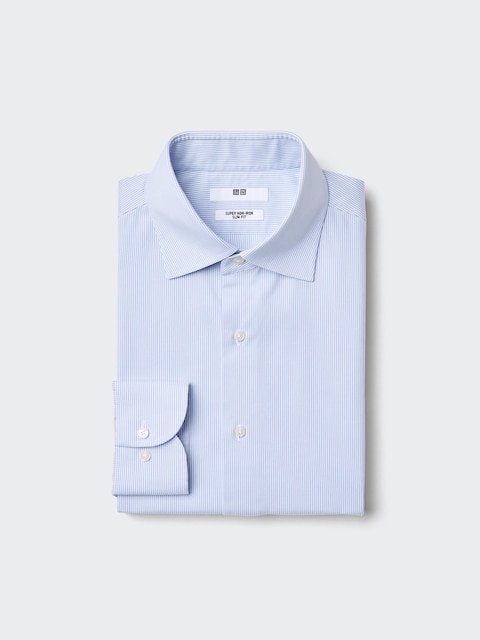Uniqlo - Chemise Slim Sans Repassage (Col Élargi, Rayée) - Bleu - S