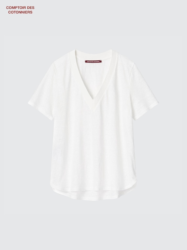 100% Linen V Neck Short Sleeved T-Shirt
