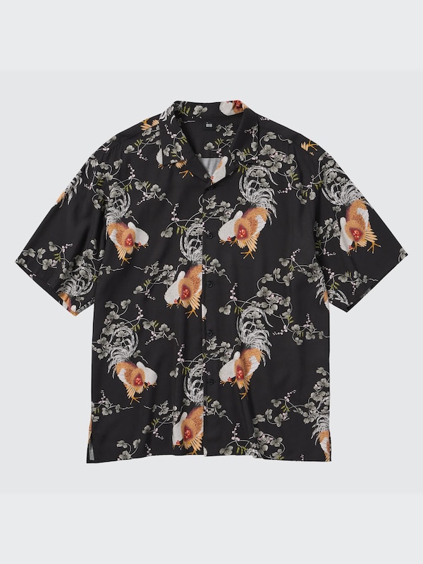 Printed Open Collar Short-Sleeve Shirt (Ito-Jakuchu)