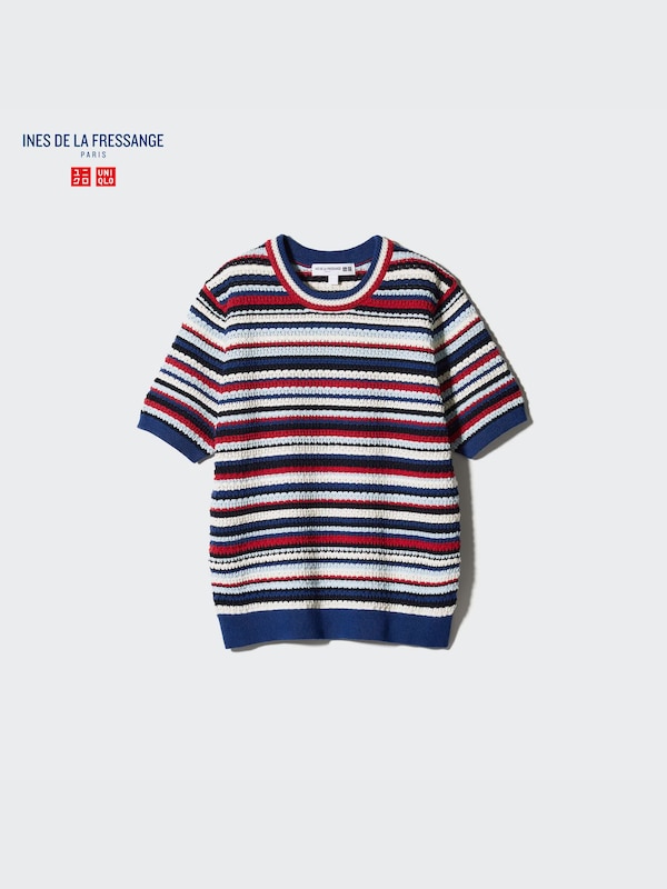 Pointelle Striped Short-Sleeve Crew Neck Sweater