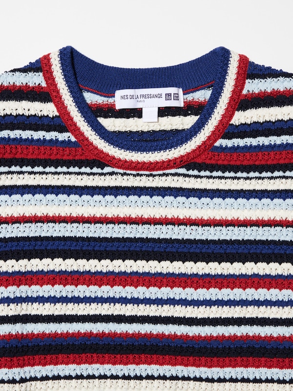 Pointelle Striped Short-Sleeve Crew Neck Sweater