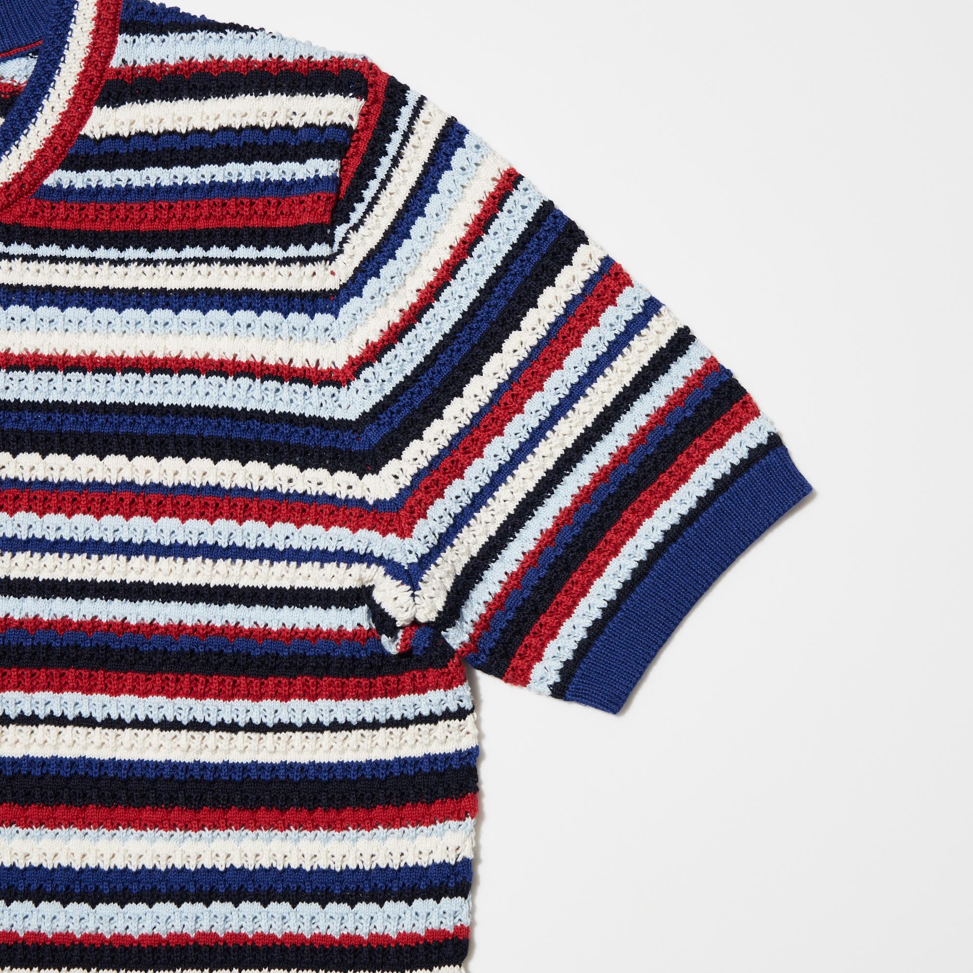 Pointelle Striped Short-Sleeve Crew Neck Sweater