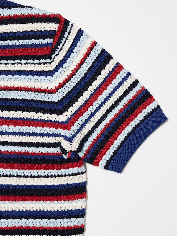 Pointelle Striped Short-Sleeve Crew Neck Sweater