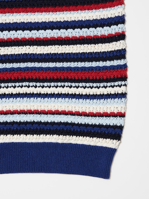 Pointelle Striped Short-Sleeve Crew Neck Sweater