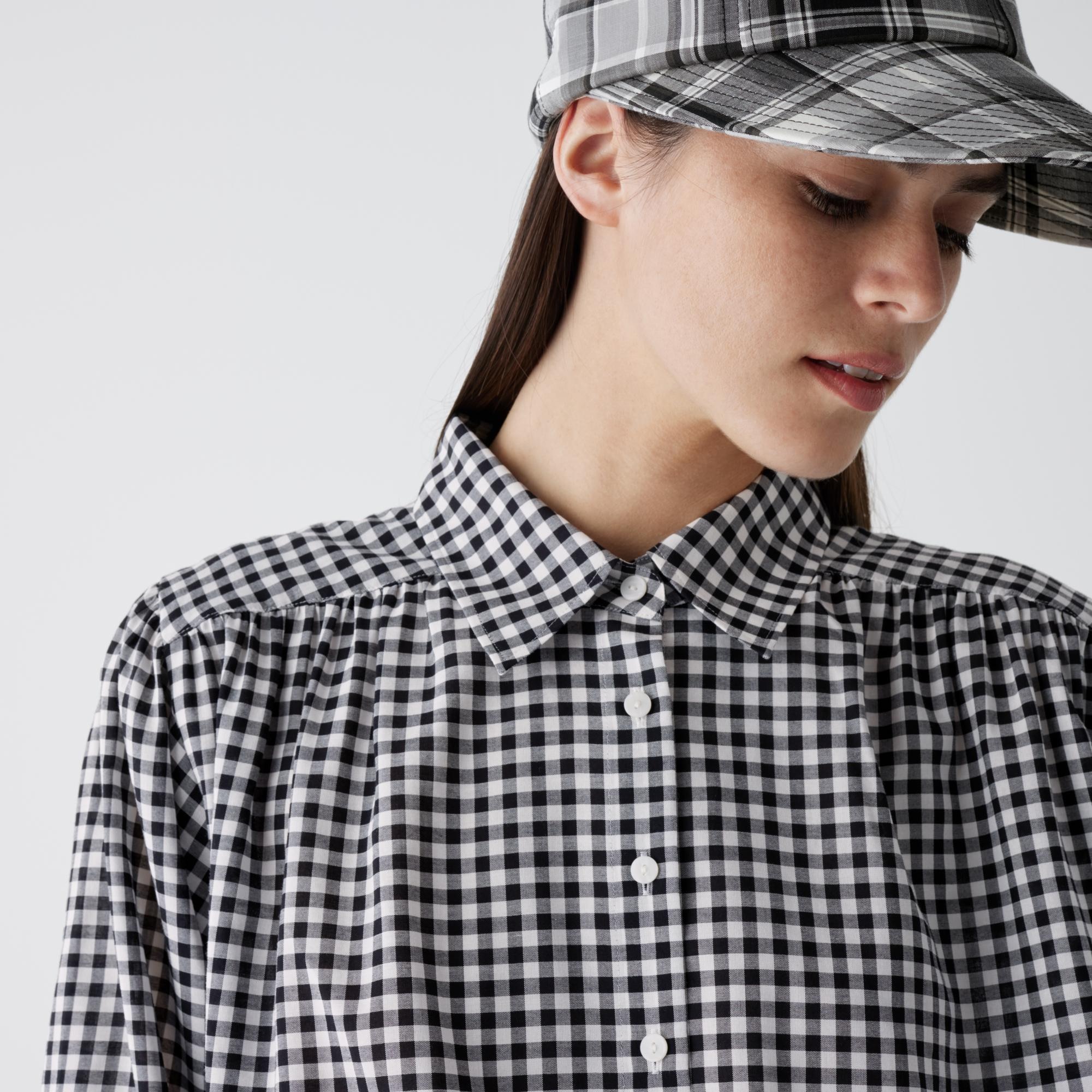 Gathered Checked Volume Long-Sleeve Blouse