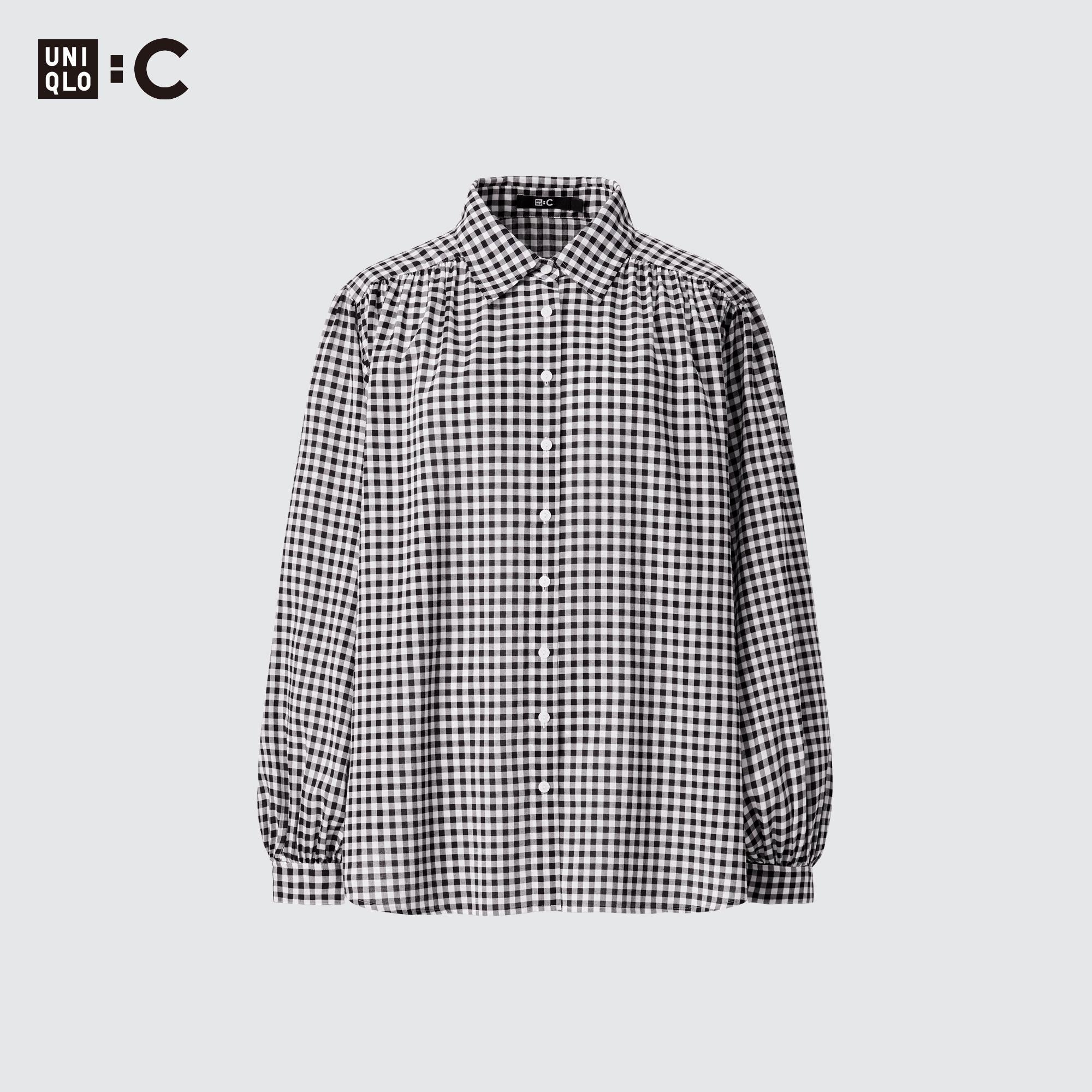 Gathered Checked Volume Long-Sleeve Blouse