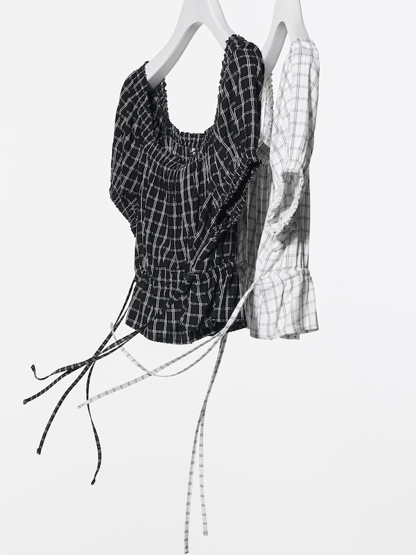 Gather Cropped Checked Short-Sleeve Blouse