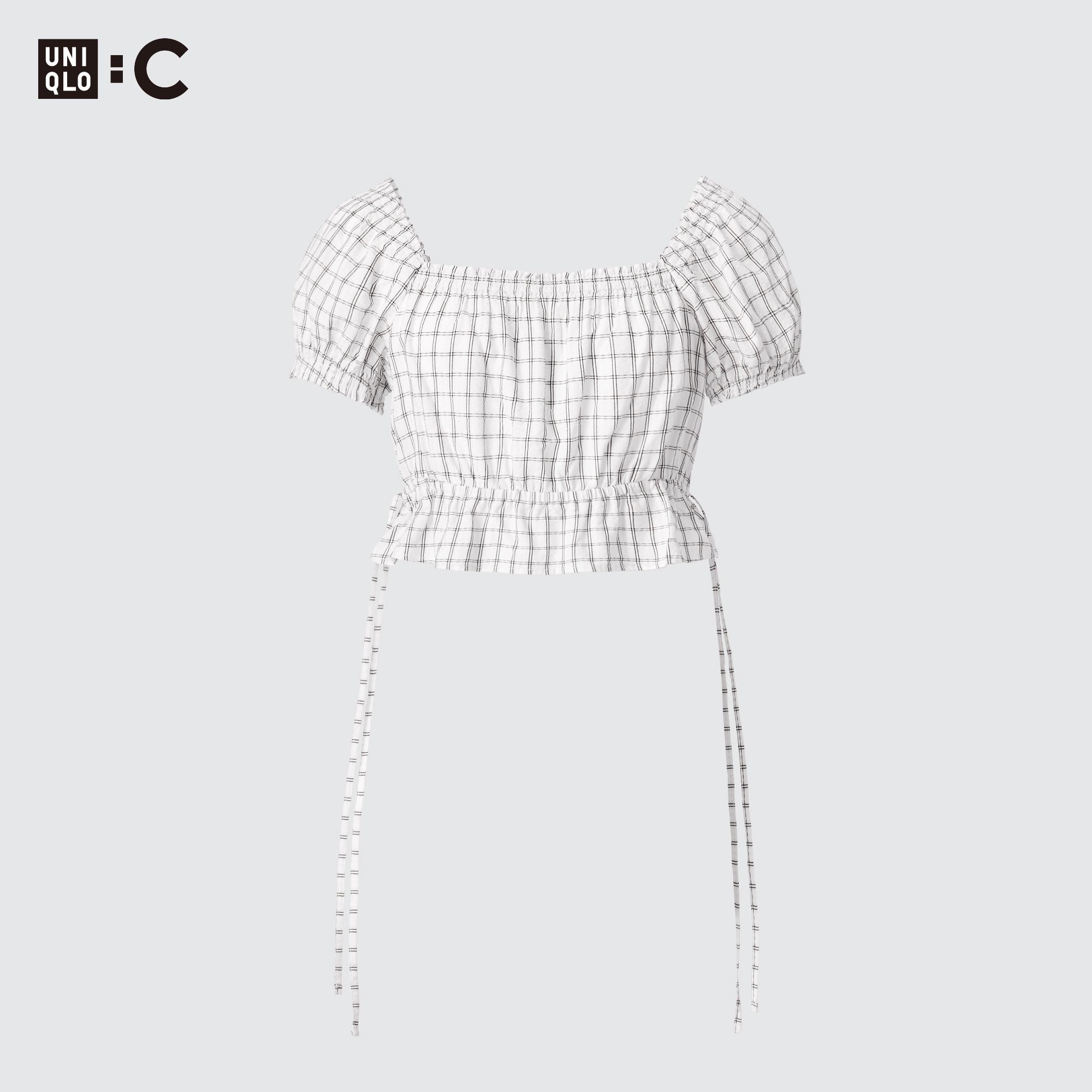 Gather Cropped Checked Short-Sleeve Blouse