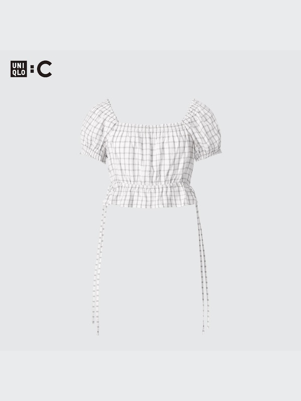 Gather Cropped Checked Short-Sleeve Blouse