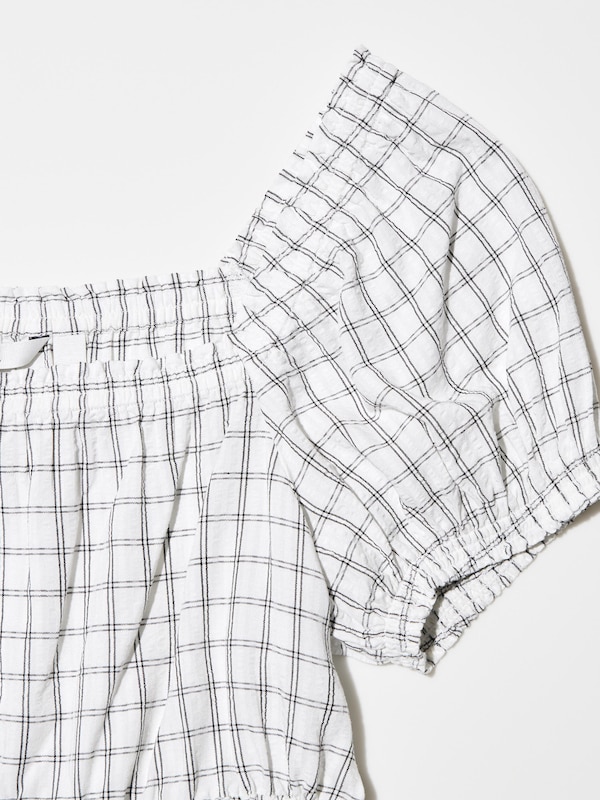 Gather Cropped Checked Short-Sleeve Blouse