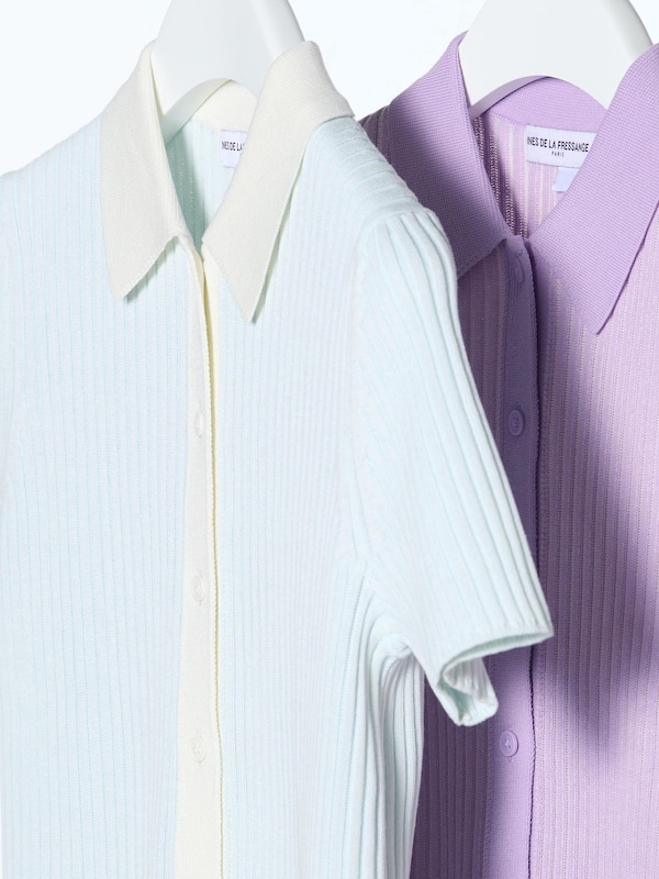 Ribbed Striped Short-Sleeve Polo Cardigan