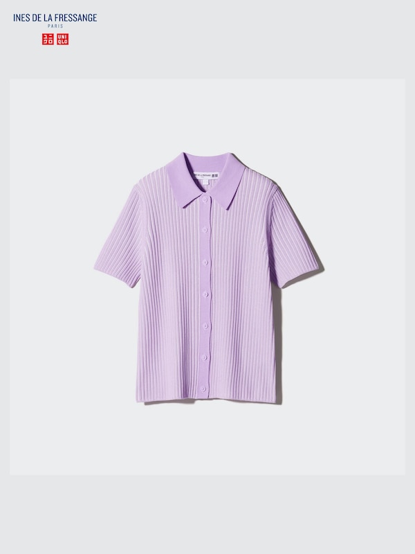 Ribbed Striped Short-Sleeve Polo Cardigan