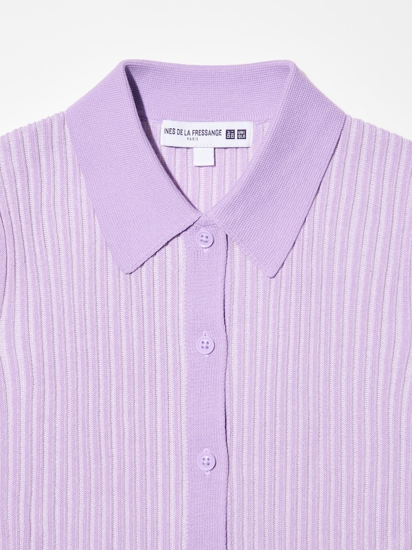 Ribbed Striped Short-Sleeve Polo Cardigan