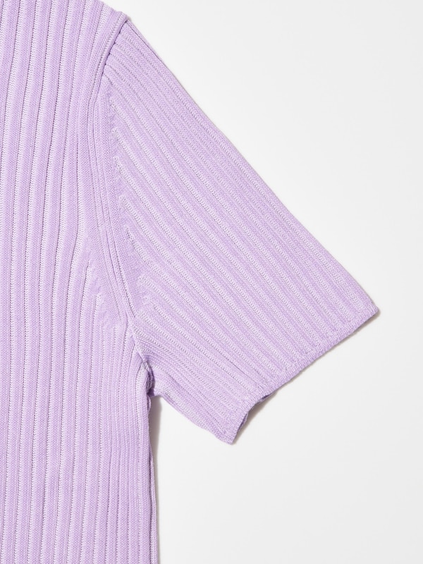 Ribbed Striped Short-Sleeve Polo Cardigan