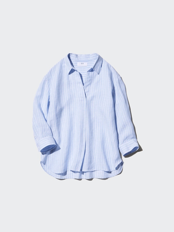 Premium Linen Skipper Collar Shirt (Stripe, 3/4 Sleeve)