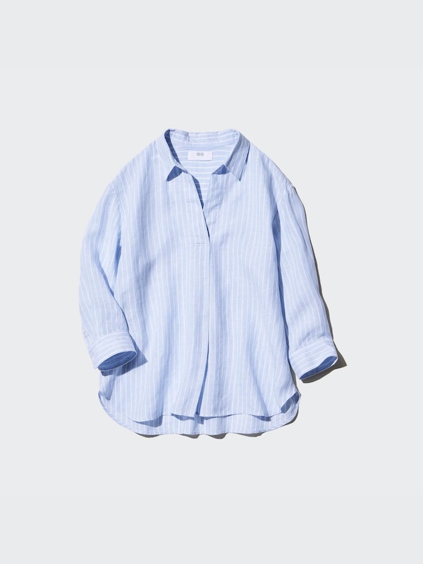 Premium Linen Skipper Collar Shirt (Stripe, 3/4 Sleeve)
