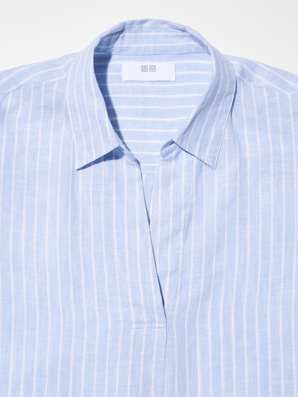 Premium Linen Skipper Collar Shirt (Stripe, 3/4 Sleeve)