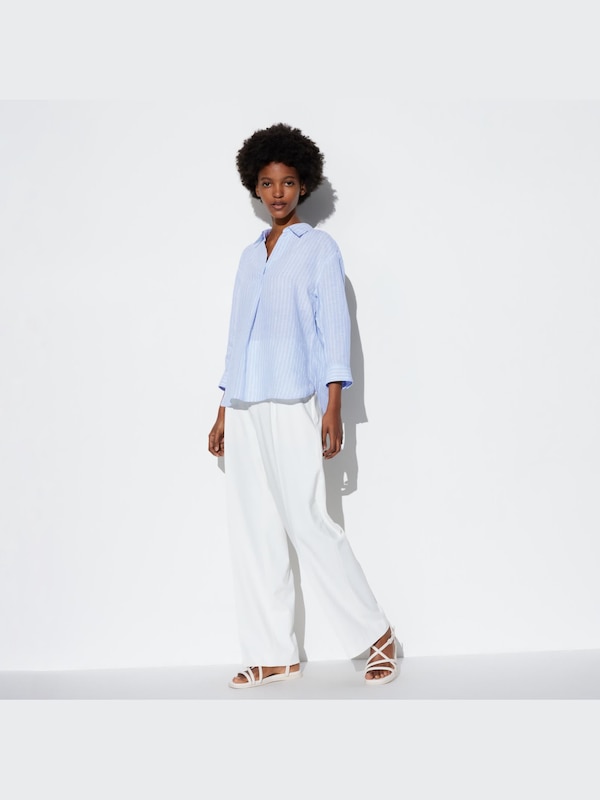 Premium Linen Skipper Collar Shirt (Stripe, 3/4 Sleeve)