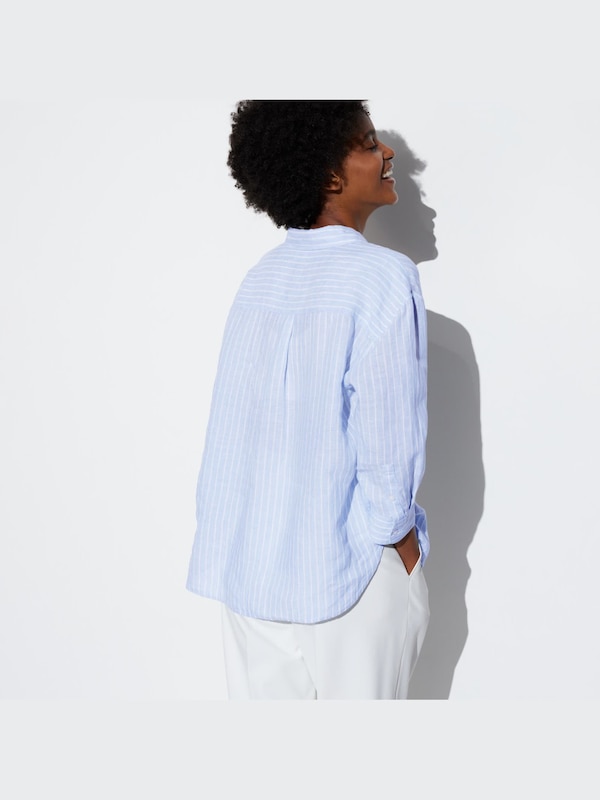 Premium Linen Skipper Collar Shirt (Stripe, 3/4 Sleeve)