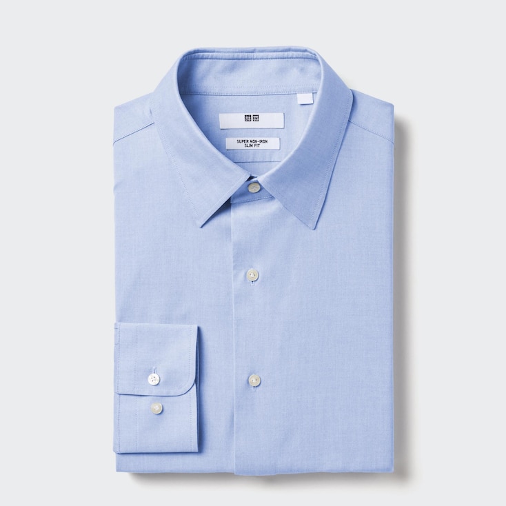 Uniqlo Algodón Camisa antiarrugas (slim fit) - Azul Claro - 3XL