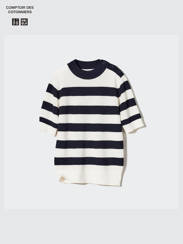 Linen-Blend Striped Half-Sleeve Sweater
