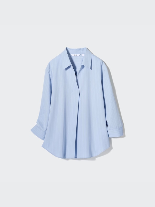 Rayon Skipper Collar Blouse (Stripe, 3/4 Sleeve)