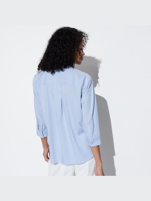 Rayon Skipper Collar Blouse (Stripe, 3/4 Sleeve)