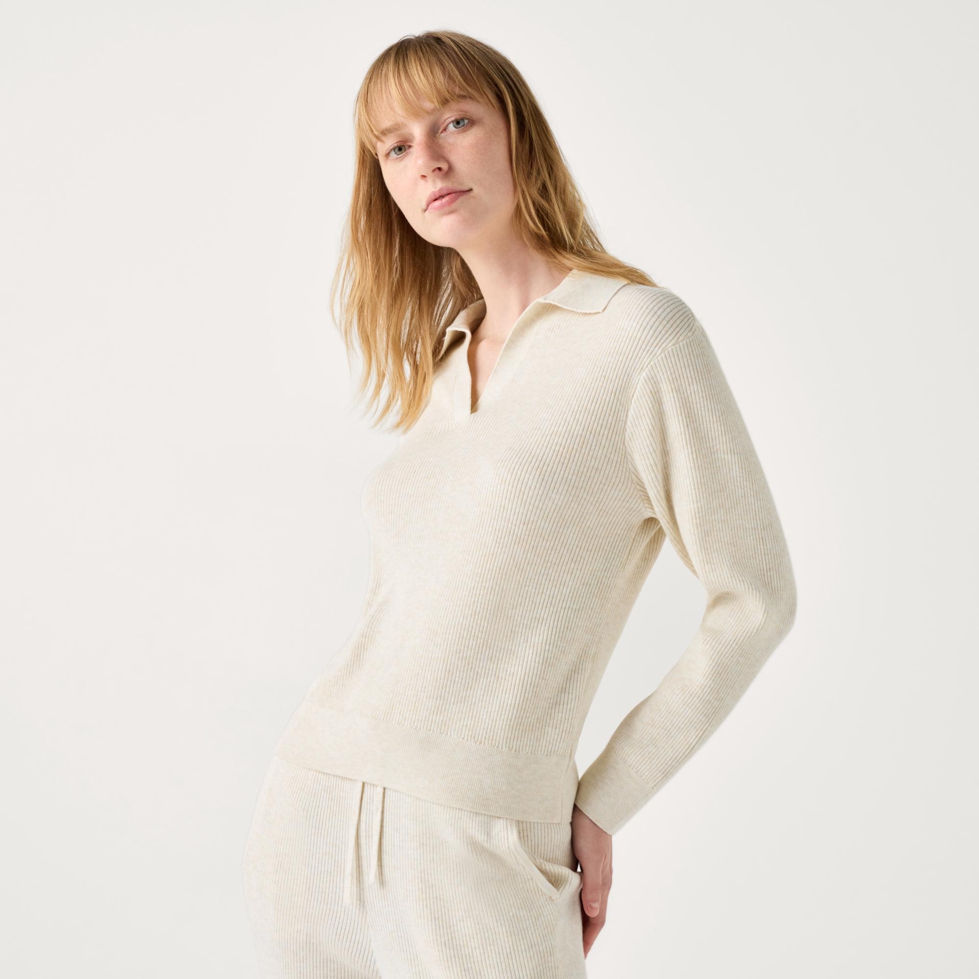 WASHABLE KNIT RIBBED POLO SWEATER