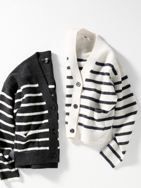 Souffle Yarn Short Cardigan | Striped | V-Neck