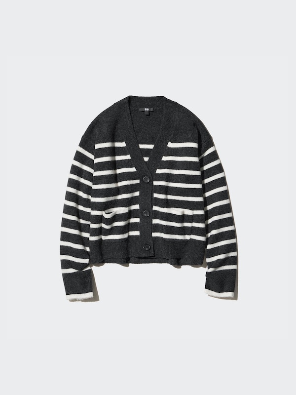 Souffle Yarn Short Cardigan | Striped | V-Neck